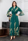 Women Summer Green Arab Dubai Middle East Turkey Morocco Floral Print Sequined Islamic Clothing Kaftan Abaya Muslim Dress