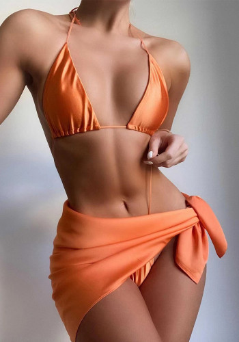 Frauen Orange Cover-Up Halfter Feste dreiteilige Badebekleidung