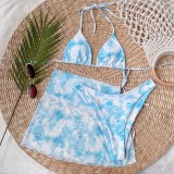 Women Blue Cover-Up Halter Tie Dye Lace Up Three Piece Swimwear