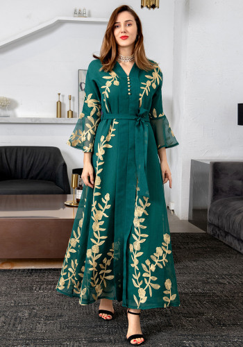 Frauen Sommer Grün Araber Dubai Mittlerer Osten Türkei Marokko Blumendruck Pailletten Islamische Kleidung Kaftan Abaya Muslimisches Kleid