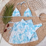 Women Blue Cover-Up Halter Tie Dye Lace Up Three Piece Swimwear