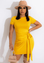 Mini vestido camisero liso de manga corta con cuello redondo informal amarillo de verano para mujer