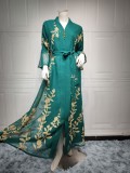 Women Summer Green Arab Dubai Middle East Turkey Morocco Floral Print Sequined Islamic Clothing Kaftan Abaya Muslim Dress