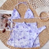 Women Purple Cover-Up Halter Tie Dye Lace Up Three Piece Swimwear