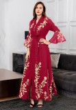 Women Summer Red Arab Dubai Middle East Turkey Morocco Floral Print Sequined Islamic Clothing Kaftan Abaya Muslim Dress