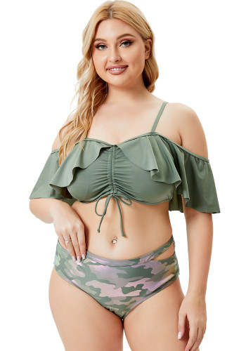 Donne Verde TIE-FRONT Strap Camo Strings Plus Size Costumi da bagno a due pezzi