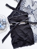 Women Black Cover-Up Halter Printed Ruffles Three Piece Swimwear