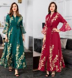 Women Summer Red Arab Dubai Middle East Turkey Morocco Floral Print Sequined Islamic Clothing Kaftan Abaya Muslim Dress