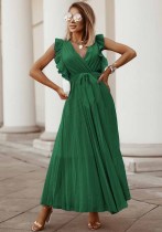 Vestido largo plisado con cinturón de chifón liso sin mangas con cuello en V dulce verde de verano para mujer