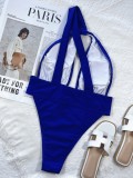 Women Blue One-Shoulder Solid Hollow Out One Piece Swimsuit