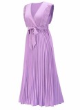 Women Summer Purple Sweet V-neck Sleeveless Solid Chiffon Belted Pleated Long Smock Dress