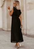 Women Summer Black Sweet V-neck Sleeveless Solid Chiffon Ruffles Long Dress