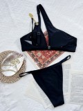 Women Black One-Shoulder Hollow Out Two Piece Swimwear