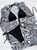 Women Black Bikini Leopard Print Robe 3 Piece Set Swimwear