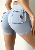 Pantalones cortos de yoga con bolsillos de cintura alta azul de verano para mujer