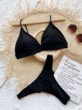 Women Black Bikini Solid Two Piece Swimwear