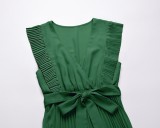 Women Summer Green Sweet V-neck Sleeveless Solid Chiffon Belted Pleated Long Smock Dress