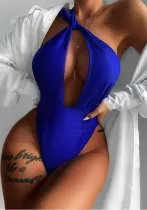 Women Blue One-Shoulder Solid Hollow Out One Piece Swimsuit