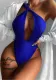 Women Blue One-Shoulder Solid Hollow Out One Piece Swimsuit