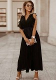 Women Summer Black Sweet V-neck Sleeveless Solid Chiffon Ruffles Long Dress