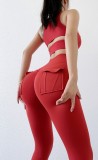 Women Spring Red High Waist Pockets Yoga Pants
