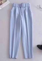 Mujer Primavera LT- Pantalones de traje hasta el tobillo con cinturón liso azul recto