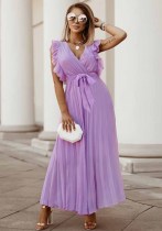 Vestido largo plisado con cinturón de gasa sólida sin mangas con cuello en V dulce púrpura de verano para mujer