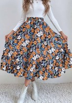 Damen Sommer Bedruckt Bescheiden Hohe Taille Elastische Taille Blumendruck Midi A-Linie Röcke