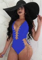 Women Blue Halter Plunge Neck Solid Lace Up One Piece Swimsuit