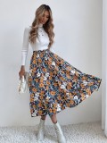 Women Summer Printed Modest High Waist Elastic Waist Floral Print Midi A-Line Skirts