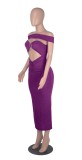 Women Summer Purple Formal Off-the-shoulder Sleeveless Solid Hollow Out Midi Club Dress