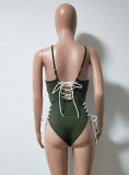 Women Green Halter Plunge Neck Solid Lace Up One Piece Swimsuit
