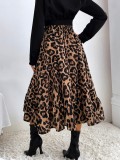 Women Summer Brown Romantic High Waist Elastic Waist Leopard Print Midi A-Line Skirts