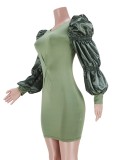 Women Spring Green Formal O-Neck Puff Sleeve Patchwork Mini Club Dress