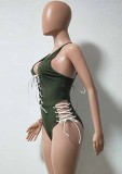 Women Green Halter Plunge Neck Solid Lace Up One Piece Swimsuit