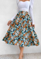 Frauen Sommer gedruckt romantische hohe Taille elastische Taille Blumendruck Midi A-Linie Röcke