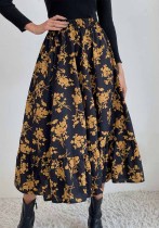 Women Summer Printed Sweet High Waist Elastic Waist Floral Print Midi A-Line Skirts