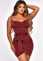 Women Summer Burgunry Sexy Strap Sleeveless Solid Pleated Mini Club Dress