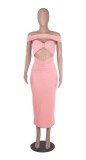 Women Summer Pink Romantic Off-the-shoulder Sleeveless Solid Hollow Out Midi Club Dress