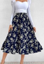Frauen Sommer gedruckt romantische hohe Taille elastische Taille Blumendruck Midi A-Linie Röcke