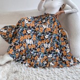 Women Summer Printed Modest High Waist Elastic Waist Floral Print Midi A-Line Skirts
