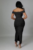 Women Summer Black Sexy Off-the-shoulder Sleeveless Solid Hollow Out Midi Club Dress