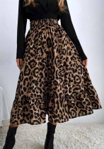 Women Summer Brown Romantic High Waist Elastic Waist Leopard Print Midi A-Line Skirts