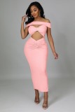 Women Summer Pink Romantic Off-the-shoulder Sleeveless Solid Hollow Out Midi Club Dress