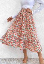 Damen-Sommer bedruckte süße hohe Taillen-elastische Taillen-Blumendruck-Midi-A-Linien-Röcke