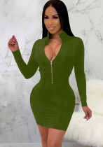 女性の春の緑のセクシーなターンダウンカラーフルスリーブソリッドジッパーミニボディコンドレス