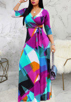 Женское весеннее фиолетовое сексуальное платье макси с v-образным вырезом и длинными рукавами с геометрическим принтом и поясом