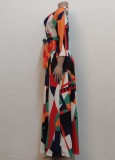 Women Spring Red Sexy V-neck Full Sleeves Geometric Print Belted Maxi Dress