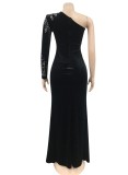 Women Spring Black Formal One Shoulder Full Sleeves Patchwork Velvet Beading Slit Mermaid Evening Dress