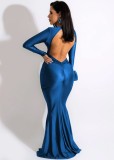 Women Spring Blue Formal V-neck Full Sleeves Solid Satin Backless Mermaid Evening Dress